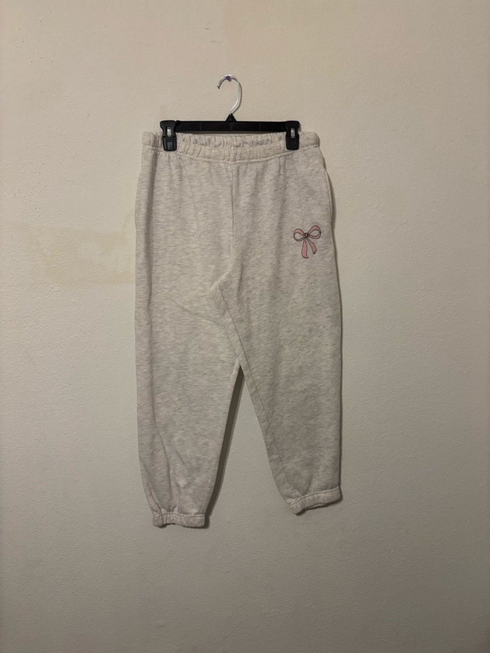 Wildfox Cream Sweatpants with Pink Bow Embroidery